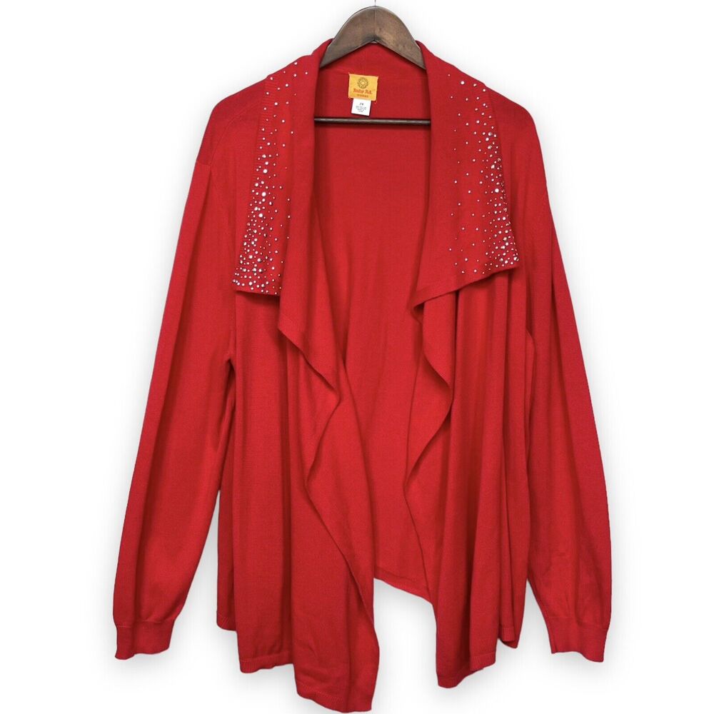 Ruby Rd. Open‎ Cardigan Women Size 2X Red Studded Long Sleeve Stretch